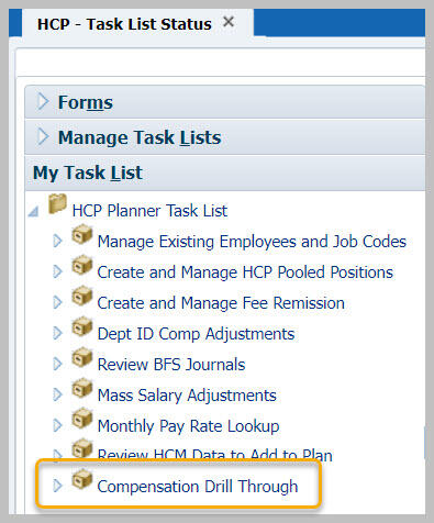 HCP Task List with Compensation Drill Through highlighted