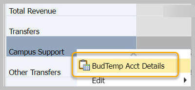 BudTemp Acct Details on quick menu