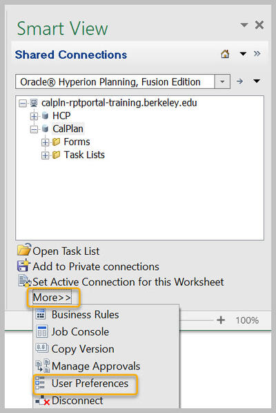 Shared Connections with CalPlan selected and User Preferences highlighted