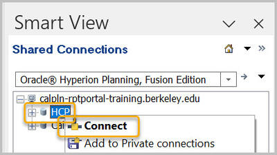 Shared Connections Oracle Hyperion Planning with HCP and Connect highlighted