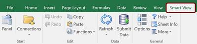 Smart View menu selected in Excel with ribbon of icons