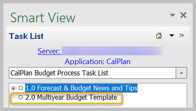 Smart View for Planning Budget Process Task List with Multiyear Budget Template highlighted