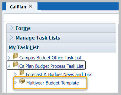CalPlan task list with Multiyear Budget Template highlighted