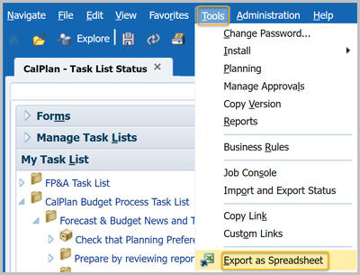Tools Export as Spreadsheet shown on menu